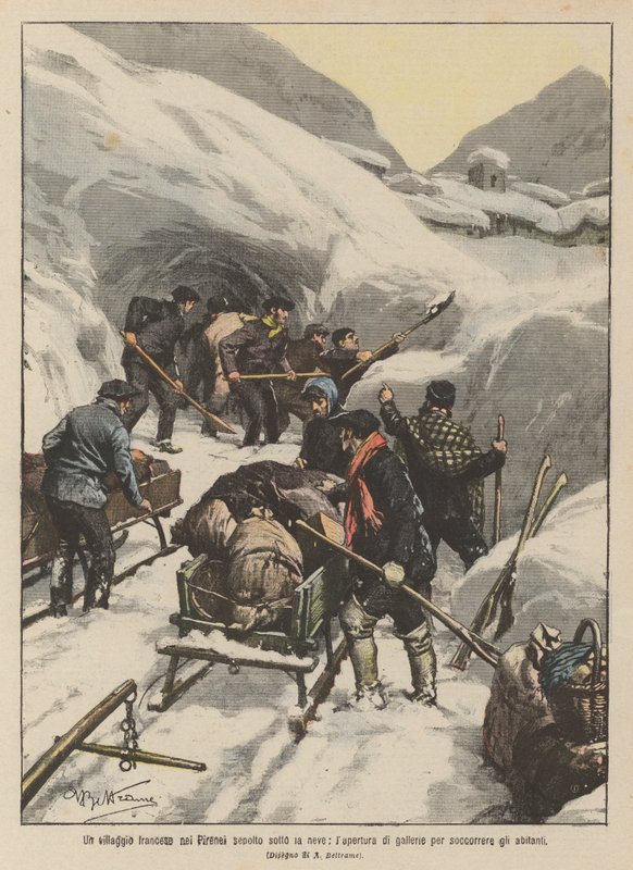 Ein französisches Dorf in den Pyrenäen unter Schnee begraben, das Graben von Tunneln zur Rettung der Bewohner von Achille Beltrame