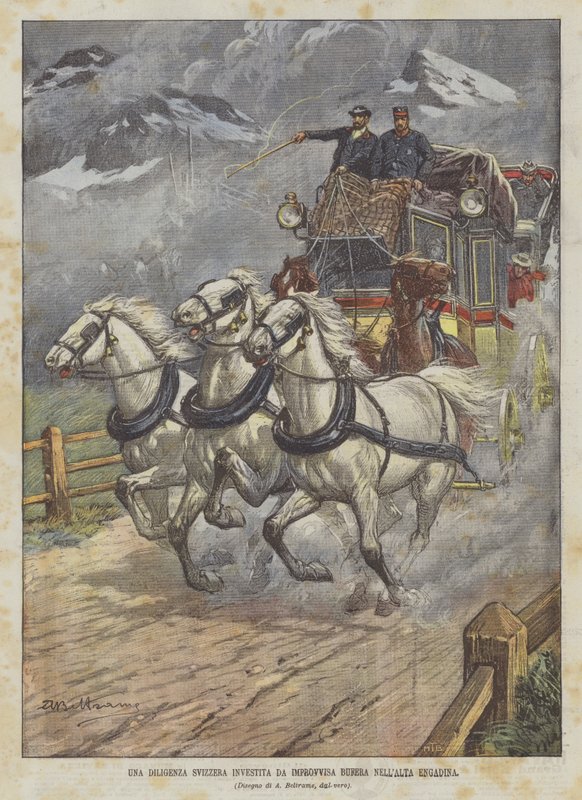 Eine Schweizer Kutsche wird von einem plötzlichen Sturm in der Oberengadin erfasst von Achille Beltrame