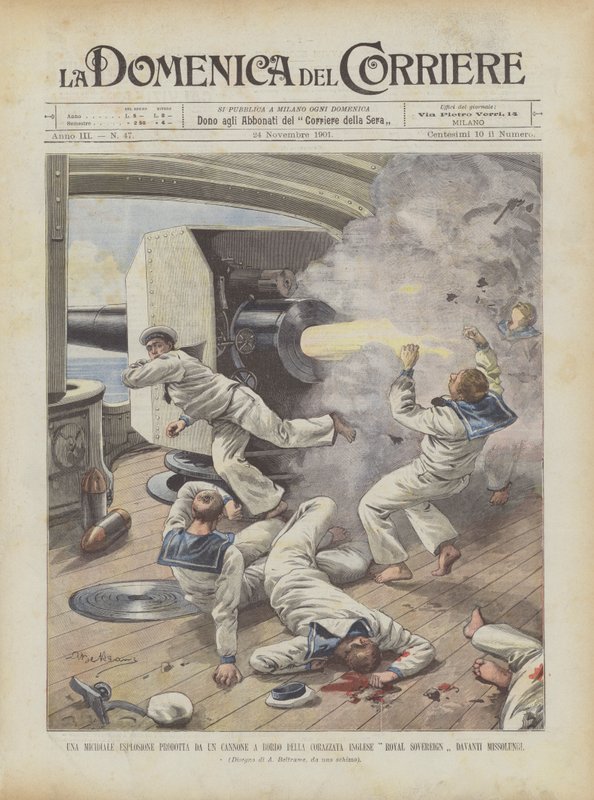 Eine tödliche Explosion durch eine Kanone an Bord des britischen Schlachtschiffs Royal Sovereign vor Missolungi von Achille Beltrame