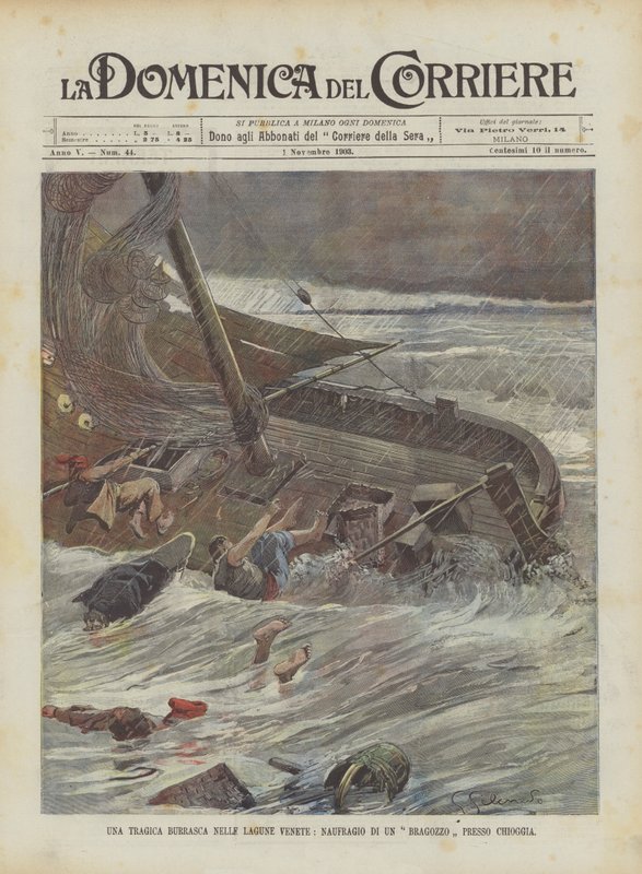 Ein tragischer Sturm in der venezianischen Lagune, Schiffbruch eines Bragozzo bei Chioggia von Achille Beltrame