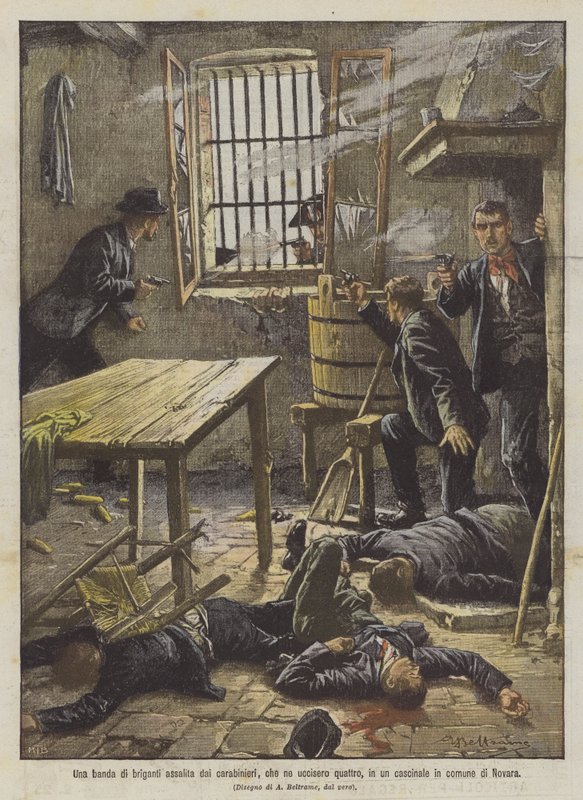 Eine Bande von Banditen von Carabinieri angegriffen, die vier von ihnen töteten, in einem Bauernhaus in der Gemeinde Novara von Achille Beltrame