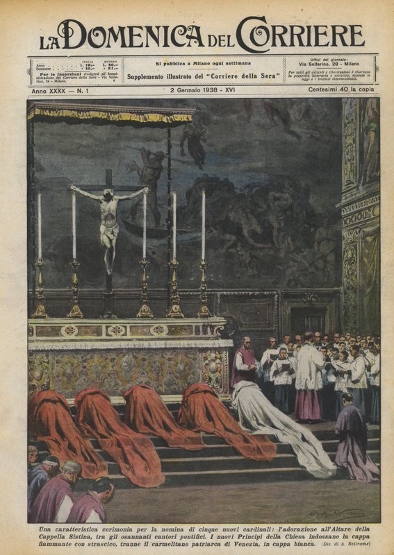 Eine charakteristische Zeremonie zur Ernennung von fünf neuen Kardinälen, die Anbetung am Altar von Achille Beltrame