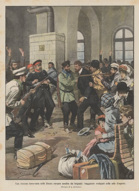 Ein Bahnhof im europäischen Russland von Banditen überfallen, Reisende im Warteraum ausgeraubt von Achille Beltrame