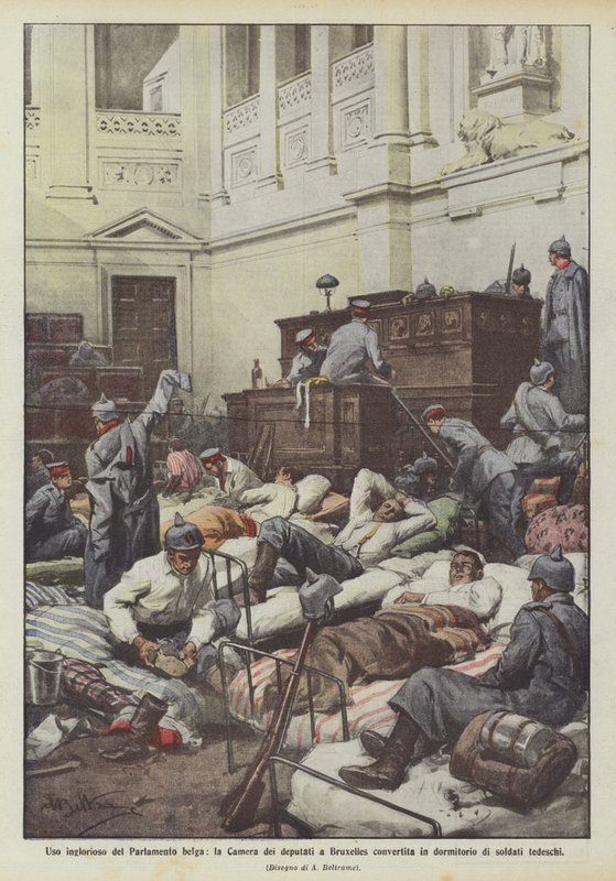 Schändlicher Gebrauch des belgischen Parlaments, die Abgeordnetenkammer in Brüssel in ein Schlaflager umgewandelt von Achille Beltrame
