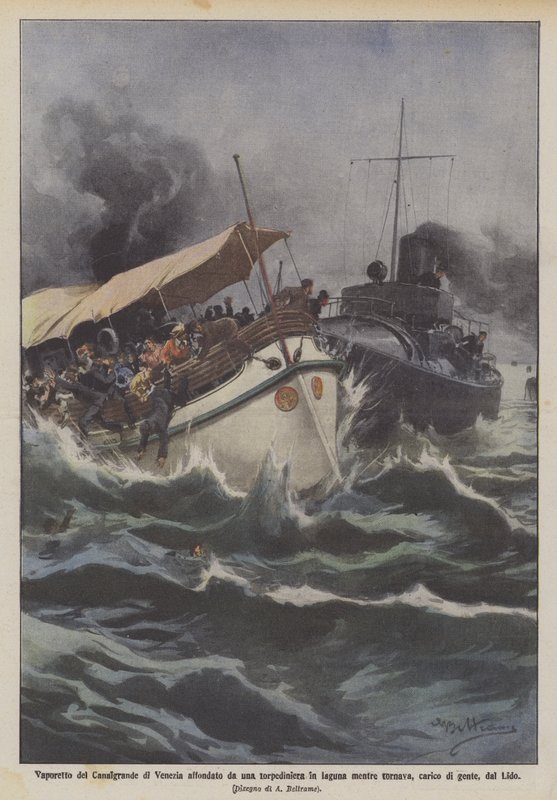 Vaporetto des Canal Grande in Venedig von einem Torpedoboot in der Lagune versenkt von Achille Beltrame