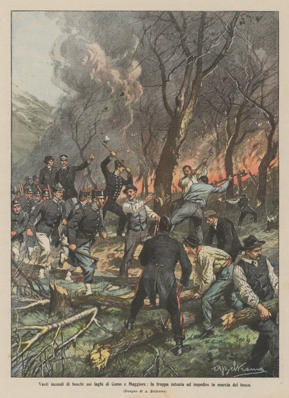 Große Waldbrände an den Seen Como und Maggiore, die Truppen versuchen das Feuer zu stoppen von Achille Beltrame