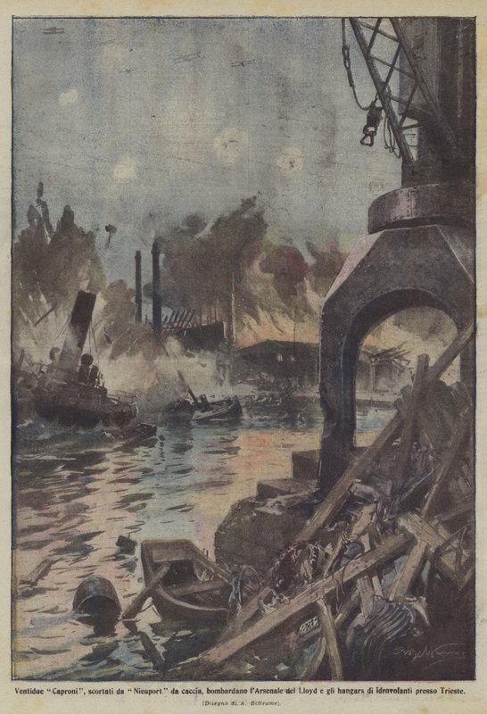 Zweiundzwanzig Caproni, eskortiert von Nieuport-Jägern, bombardieren das Arsenal des Lloyd und die Hangars von Achille Beltrame