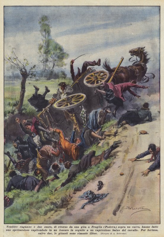 Dreiundzwanzig Mädchen und zwei Nonnen, die von einem Ausflug nach Praglia (Padua) auf einem Wagen zurückkehrten von Achille Beltrame