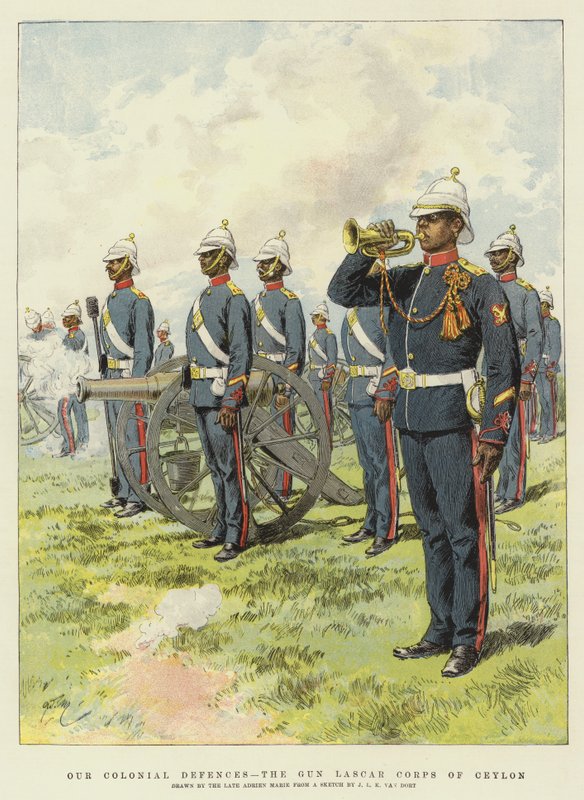 Unsere kolonialen Verteidigungen, das Geschütz-Lascar-Korps von Ceylon (Chromolithographie) von Adrien Emmanuel Marie