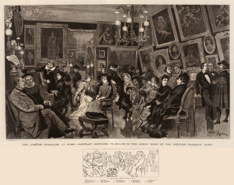 Die Comédie Française zu Hause, Porträtskizzen aus dem Leben im Grünen Zimmer des Théâtre Français, Paris von Adrien Emmanuel Marie