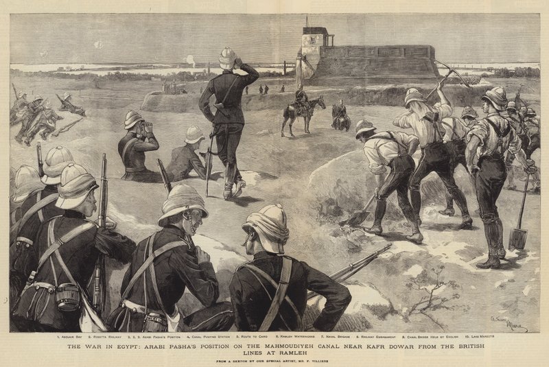 Der Krieg in Ägypten, Arabi Paschas Position am Mahmoudiyeh-Kanal bei Kafr Dowar von den britischen Linien in Ramleh von Adrien Emmanuel Marie