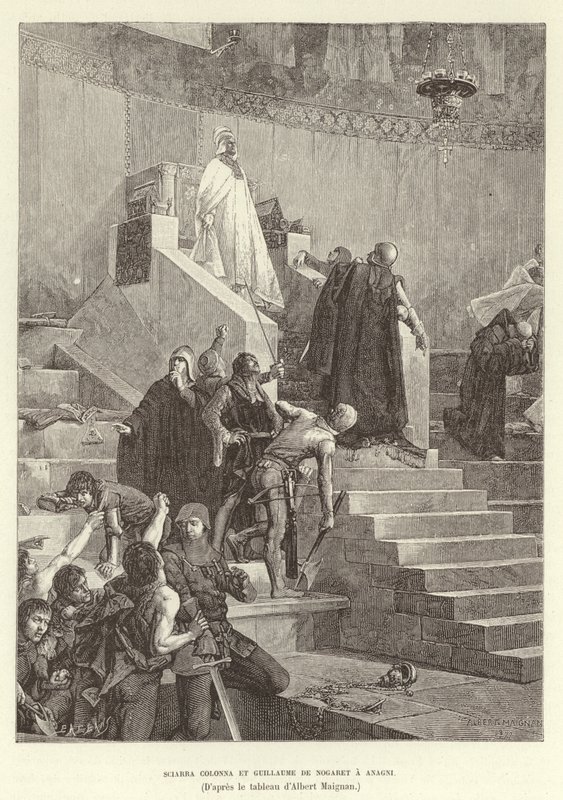 Sciarra Colonna und Guillaume de Nogaret konfrontieren Papst Bonifatius VIII. in Anagni, Italien von Albert Pierre Rene Maignan