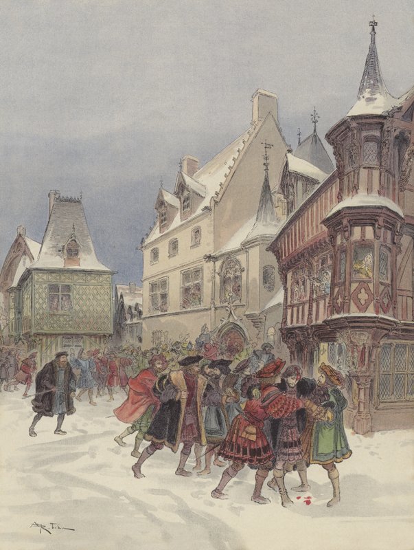 Schneeballschlacht in Romorantin, der König wird beim Sturm auf das Haus von Saint-Pol verletzt von Albert Robida