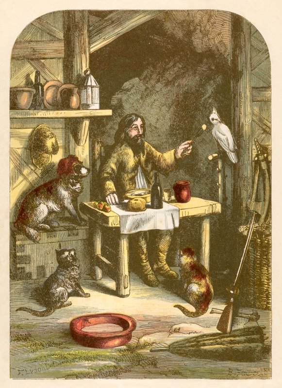 Robinson Crusoe beim Abendessen mit seiner kleinen Familie von Alexander Francis Lydon