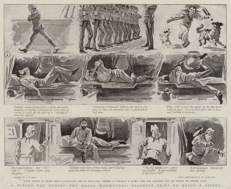 Ein ermüdender Tag während der Marine-Manöver, Tallboys versucht eine Siesta zu genießen von Alexander Stuart Boyd