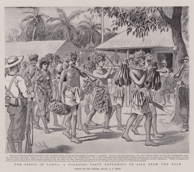 Die Krise in Samoa, eine Foragiergruppe kehrt aus dem Busch nach Apia zurück von Alexander Stuart Boyd