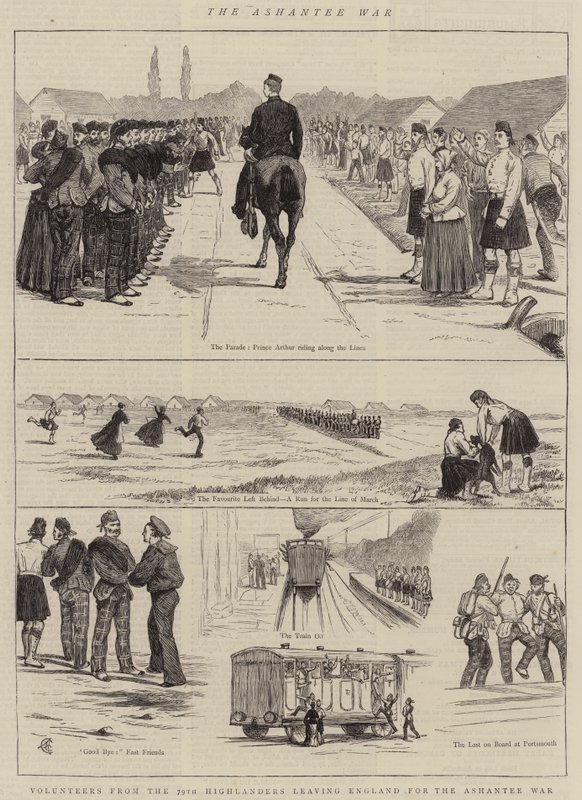 Der Ashantee-Krieg, Freiwillige der 79. Highlanders verlassen England für den Ashantee-Krieg von Alfred Chantrey Corbould