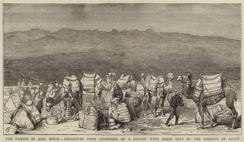 Die Hungersnot in Kleinasien, Abfahrt von Celephkia eines Konvois mit Getreide, gesendet vom Khedive von Ägypten von Alfred Chantrey Corbould