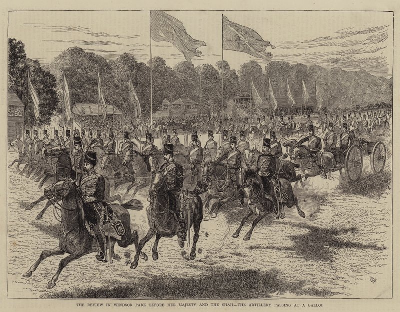 Die Parade im Windsor Park vor Ihrer Majestät und dem Schah, die Artillerie im Galopp von Alfred Chantrey Corbould