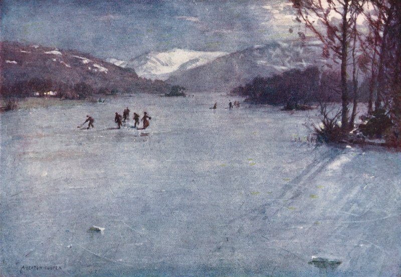 Lake District: In der Nähe der Fähre, Windermere, Schlittschuhlaufen im Mondlicht von Alfred Heaton Cooper