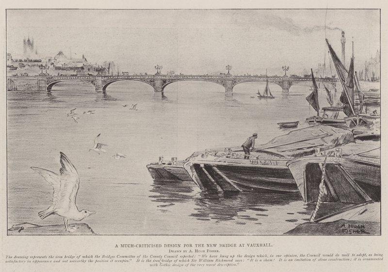 Ein viel kritisiertes Design für die neue Brücke in Vauxhall von Alfred Hugh Fisher