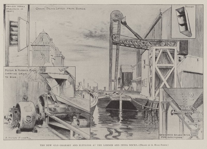 Das neue Silo-Getreidelager und der Aufzug an den London und India Docks von Alfred Hugh Fisher