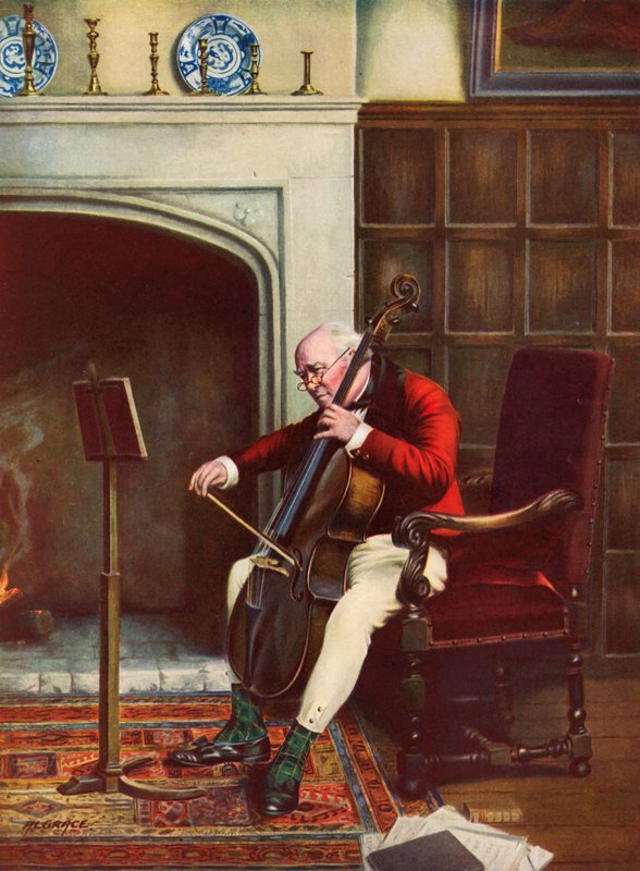 Ein schwieriger Durchgang - Mann übt Cello vor dem Feuer von Alfred Lyndon Grace