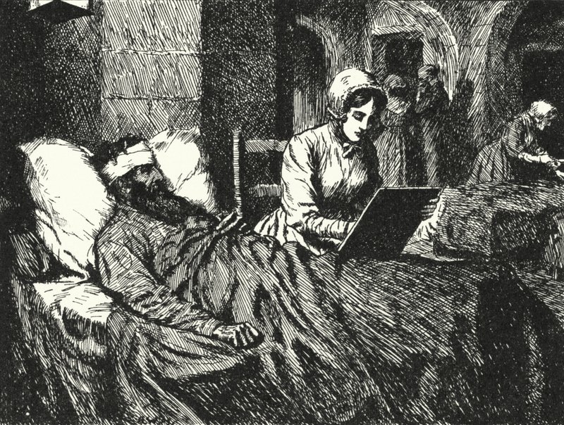 Die englische Krankenschwester Florence Nightingale schreibt einen Brief für einen im Krimkrieg verwundeten Soldaten im Krankenhaus von Scutari, 1855 von Alfred Wallis Mills
