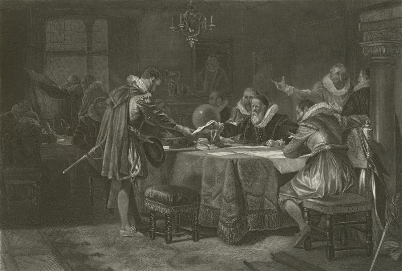 Henry Hudson erhält seinen Auftrag von der Niederländischen Ostindien-Kompanie, 1609 von Alonzo Chappel