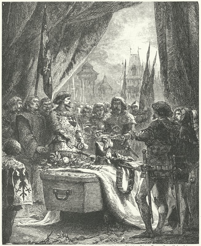 Der Kommandant von Chateauneuf de Randon legt die Schlüssel der Stadt auf den Sarg von Bertrand du Guesclin von Alphonse Marie de (after) Neuville