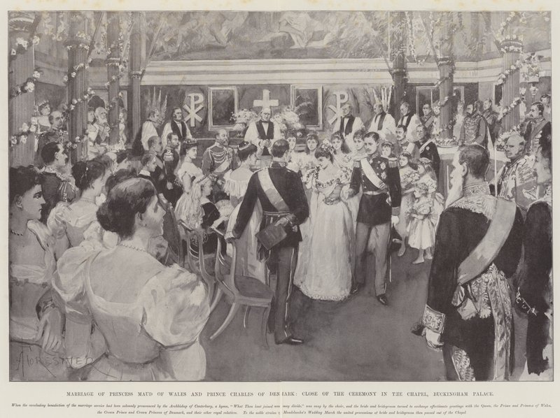 Hochzeit von Prinzessin Maud von Wales und Prinz Charles von Dänemark, Ende der Zeremonie in der Kapelle, Buckingham Palace von Amedee Forestier