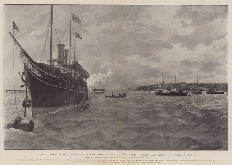 Ein Geheimrat auf See, Räte kommen am 26. Juli an Bord der königlichen Yacht Victoria und Albert in Cowes an von Amedee Forestier