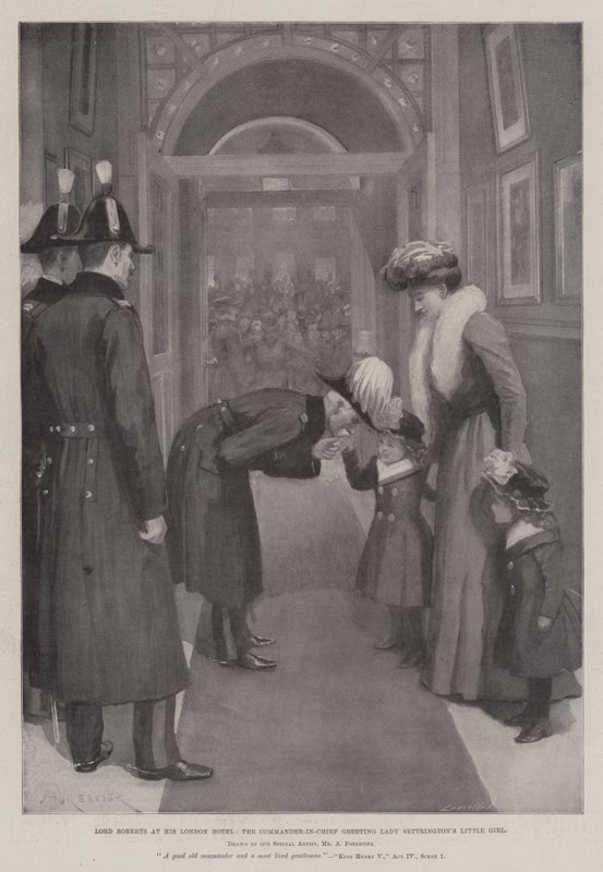 Lord Roberts in seinem Londoner Hotel, der Oberbefehlshaber begrüßt das kleine Mädchen von Lady Settrington von Amedee Forestier