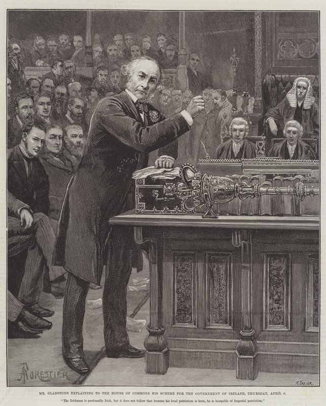 Mr. Gladstone erklärt dem Unterhaus seinen Plan für die Regierung Irlands, Donnerstag, 8. April von Amedee Forestier