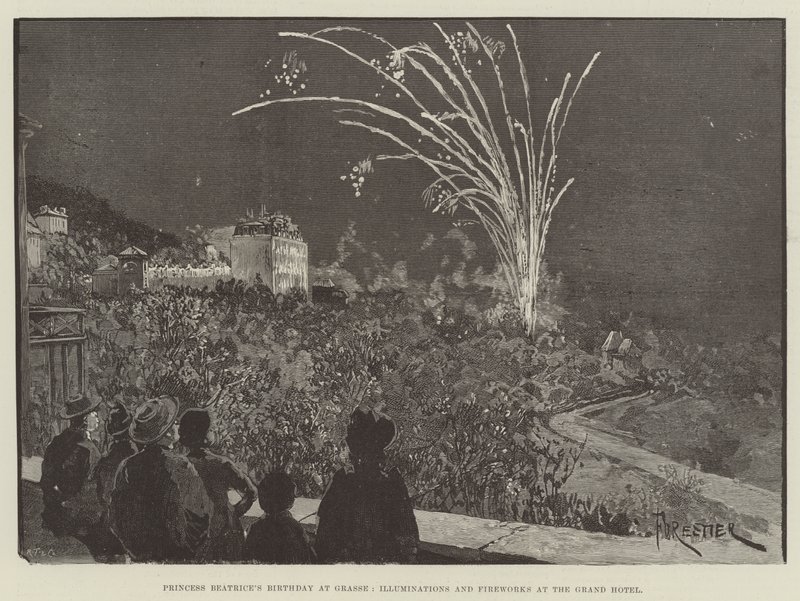 Prinzessin Beatrices Geburtstag in Grasse, Illuminationen und Feuerwerk im Grand Hotel von Amedee Forestier