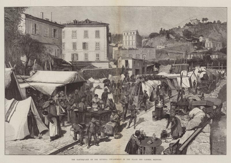 Das Erdbeben an der Riviera, Lager auf dem Place des Carmes, Mentone von Amedee Forestier