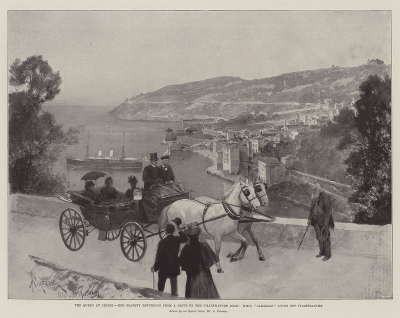 Die Königin in Cimiez, Ihre Majestät kehrt von einer Fahrt auf der Villefranche-Straße zurück, HMS Cambrian liegt vor Villefranche von Amedee Forestier