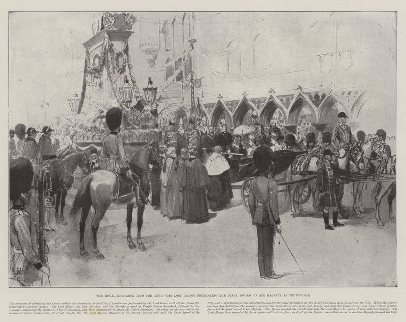 Der königliche Einzug in die Stadt, der Lord Mayor überreicht das Perlenschwert Ihrer Majestät am Temple Bar von Amedee Forestier