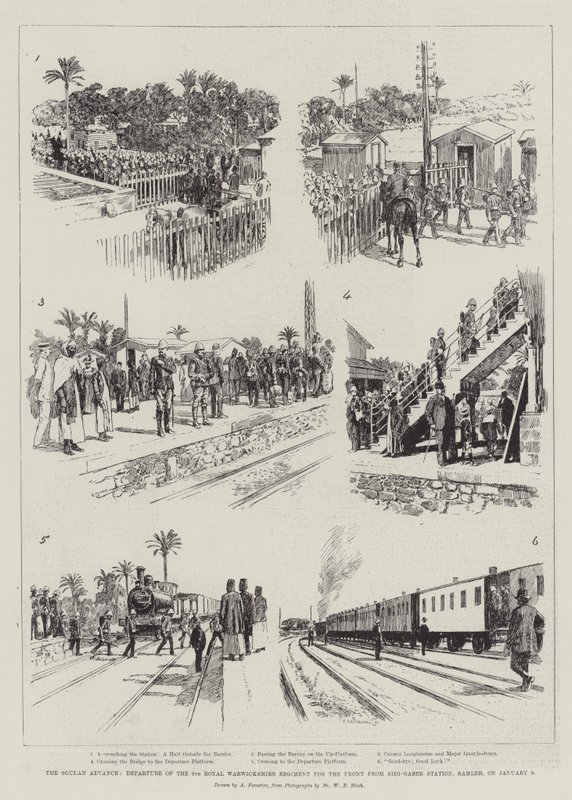 Der Vormarsch im Sudan, Abreise des 6. Royal Warwickshire Regiments an die Front vom Sidi-Gaber-Bahnhof, Ramleh, am 9. Januar von Amedee Forestier