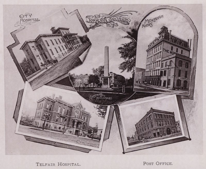 Stadtkrankenhaus; Johnson Square; Greene-Denkmal; Morning News, Telfair Hospital, Postamt (s/w Foto) von American Photographer (after)