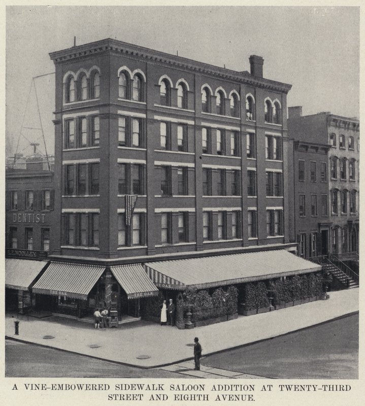 Ein von Weinlaub umranktes Bürgersteigsaloon-Zusatzgebäude an der Twenty-Third Street und Eighth Avenue von American Photographer