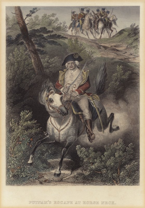 Die Flucht des amerikanischen Generals Israel Putnam vor den Briten in Horse Neck, Connecticut, Amerikanischer Unabhängigkeitskrieg von American School