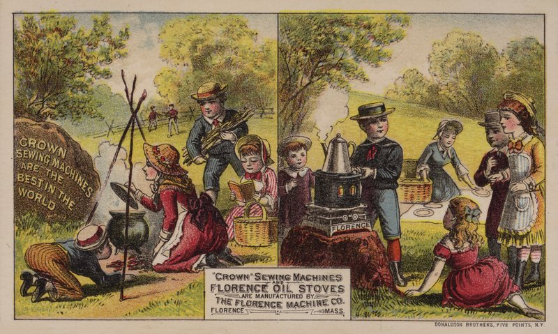 Amerikanische Werbekarte für Nähmaschinen und Öfen der Florence Machine Company, Massachusetts, ca. 1880er Jahre von American School