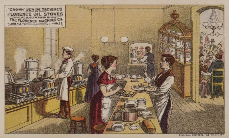 Amerikanische Werbekarte für Nähmaschinen und Öfen der Florence Machine Company, Massachusetts von American School