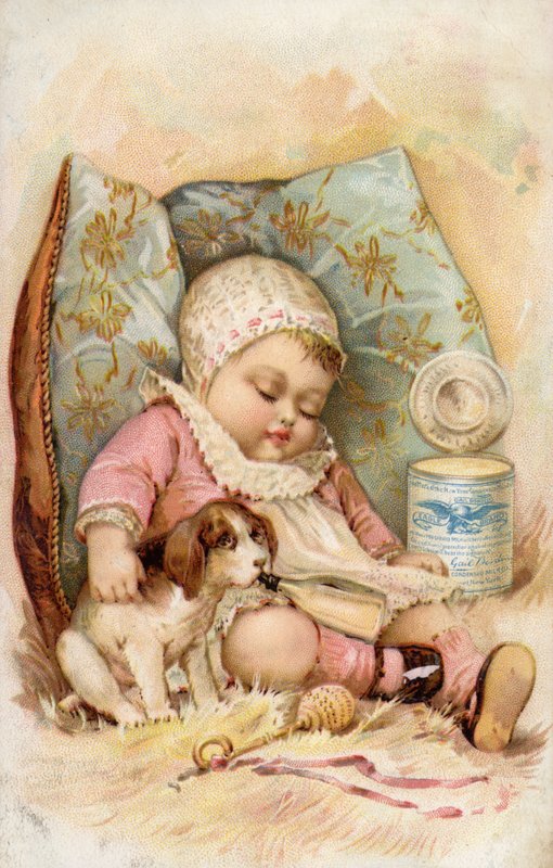 Baby mit Welpen trinkt aus Flasche, Werbung für Kondensmilch von American School