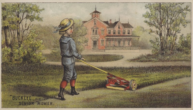 Junge mäht Gras vor einem Landhaus von American School