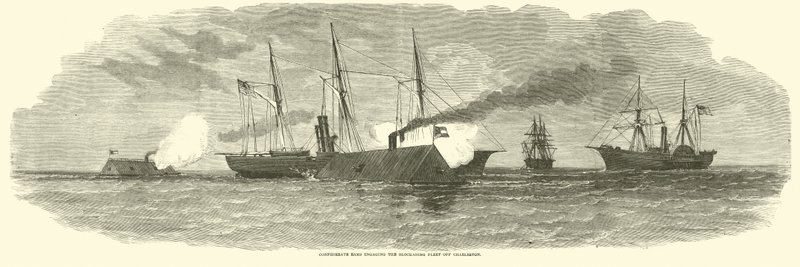Konföderierte Rammen im Gefecht mit der Blockadeflotte vor Charleston, Januar 1863 von American School