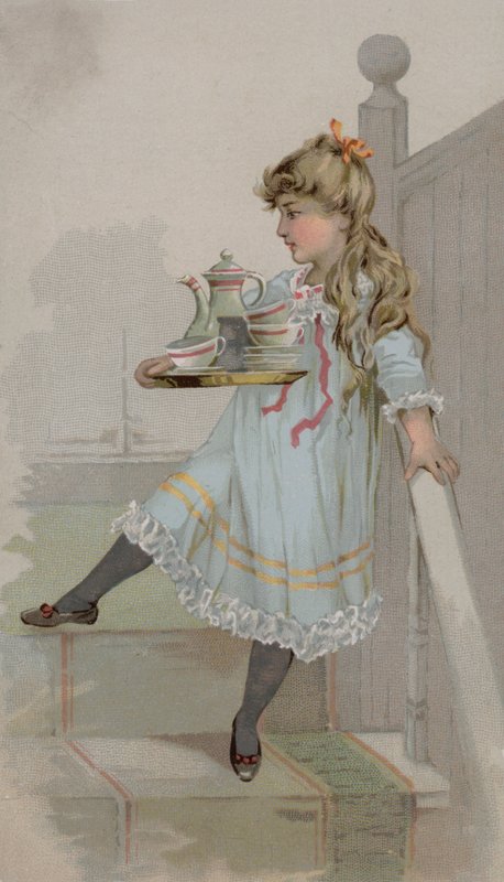 Mädchen trägt einen Kaffeetopf auf einem Tablett von American School