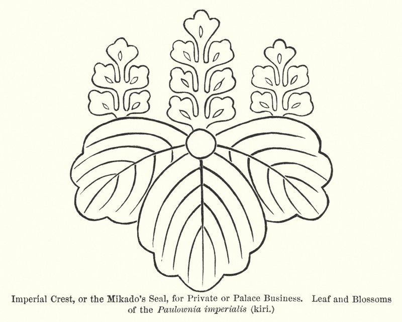 Kaiserliches Wappen, oder das Siegel des Mikado, für private oder Palastgeschäfte, Blatt und Blüten der Paulownia imperialis, kiri (Gravur) von American School