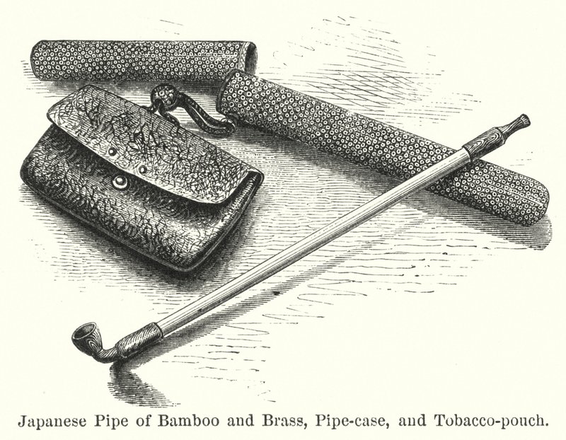 Japanische Pfeife aus Bambus und Messing, Pfeifenkasten und Tabakbeutel (Gravur) von American School